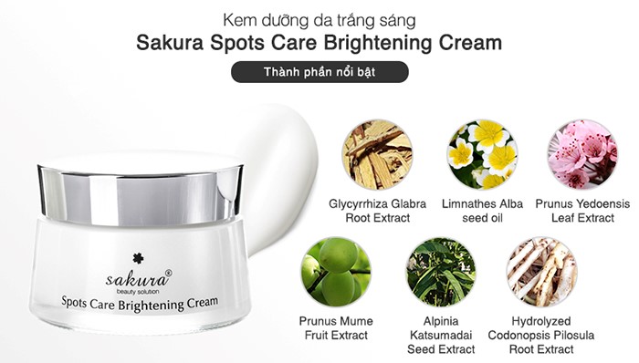 Các thành phần tự nhiên giúp dưỡng da hiệu quả từ kem dưỡng da và ngăn ngừa sạm nám Sakura Spots Care Brightening Cream 