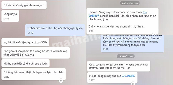 Khách hàng thông tin đến Mai Hân mỹ phẩm nội dung của nhóm đối tượng lừa đảo Khách hàng thông tin đến Mai Hân mỹ phẩm nội dung của nhóm đối tượng lừa đảo